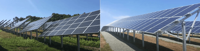 しろくま電力は施工法の研究や実験にも注力している。発電所の設計では「影のない3D設計」を実現。3D設計により、100m横の敷地に立った左側の発電所よりも22%も発電量を増やすことに成功した。