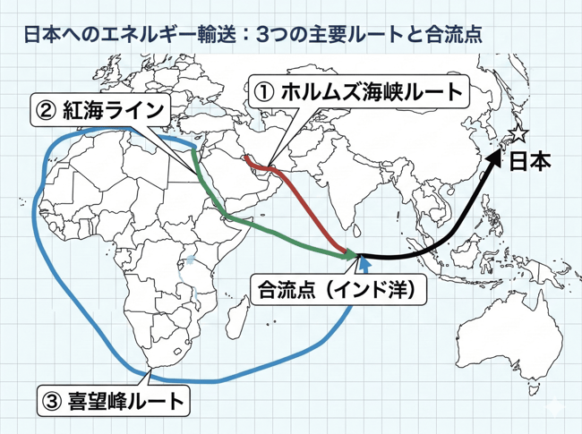 日本向けのエネルギー輸送ルートをまとめたものだ。ルートは今回閉鎖された「①ホルムズ海峡ルート」の他に、「②紅海ライン」と「③喜望峰ルート」がある。